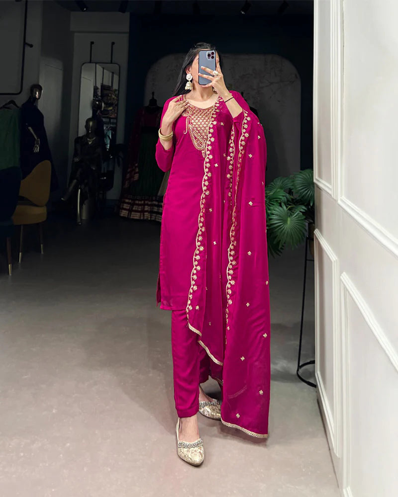 Womenline Pink Color Organza Three Piece Kurti Suit