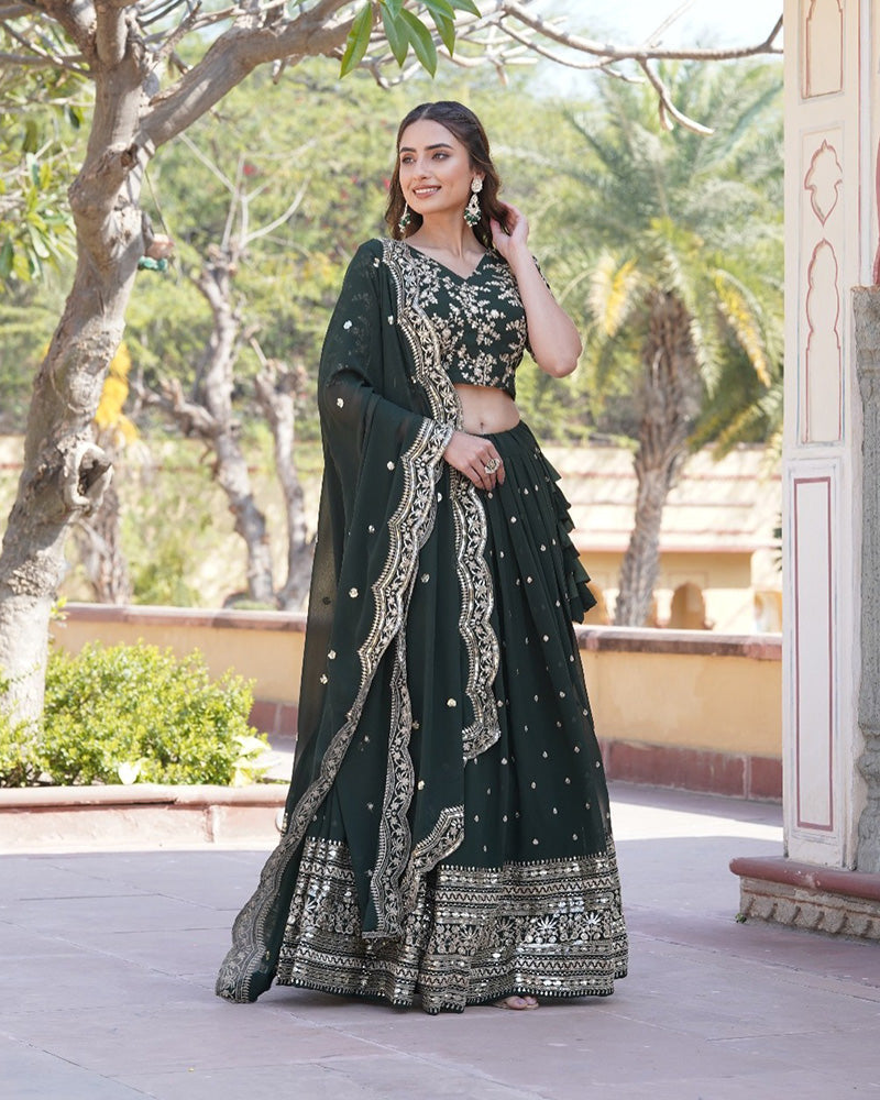 Womenline Wedding Wear Dark Green Color Designer Blooming Semi stitched Lehenga Choli