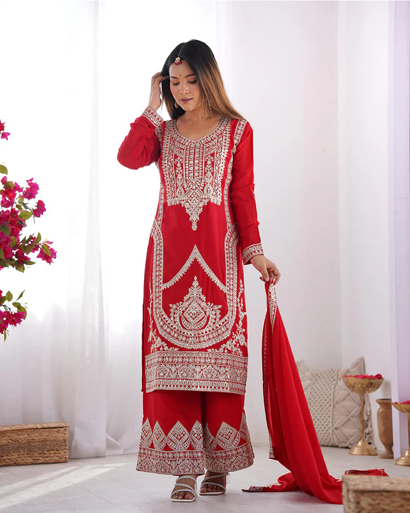 Womenline Red Color Vichitra Silk Three Piece Kurti Suit