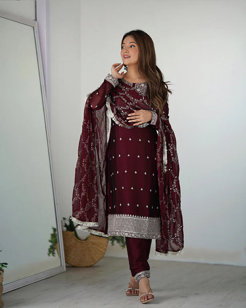 Womenline Maroon Color Rangoli Silk Three Piece Kurti Suit