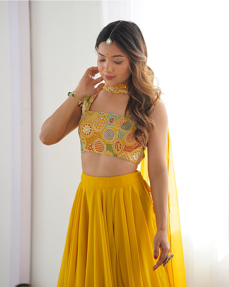 Womenline Yellow Color Pure Soft Georgette Lehenga Choli