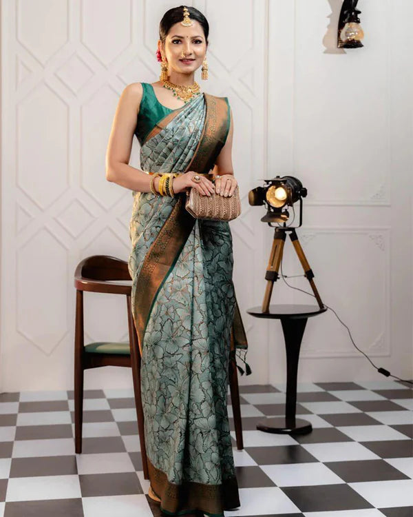 Womenline Pista Color Banarasi Jacquard Soft Silk Saree