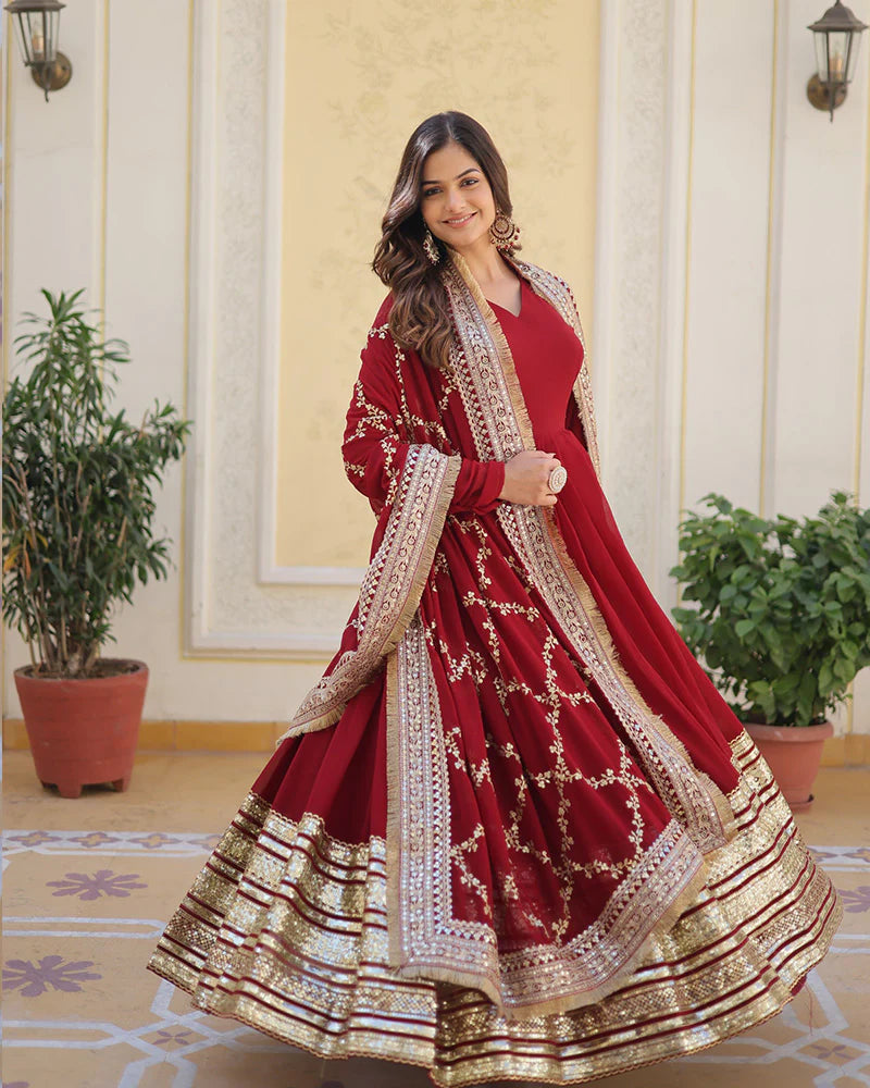 Womenline Designer Maroon Color Blooming Sequence Embroidery Work Gown