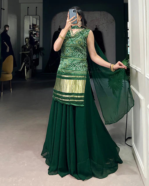 Womenline Green Color Gaji Silk Three Piece Plazo Suit