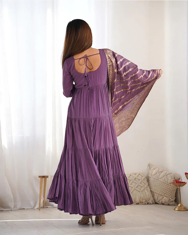 Womenline Dusty Purple Color Pure Roman Silk Ruffle Style Anarkali Suit