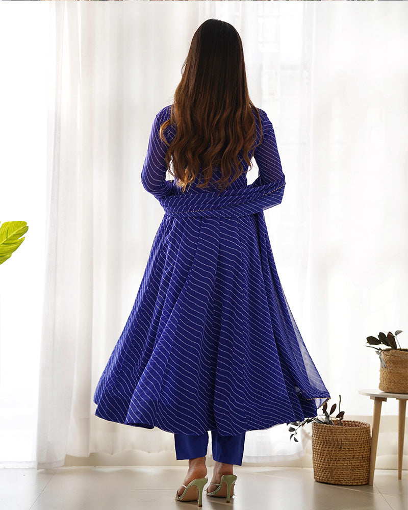 Womenline Royal Blue Color Laheriya Print Georgette Three Piece Anarkali Suit