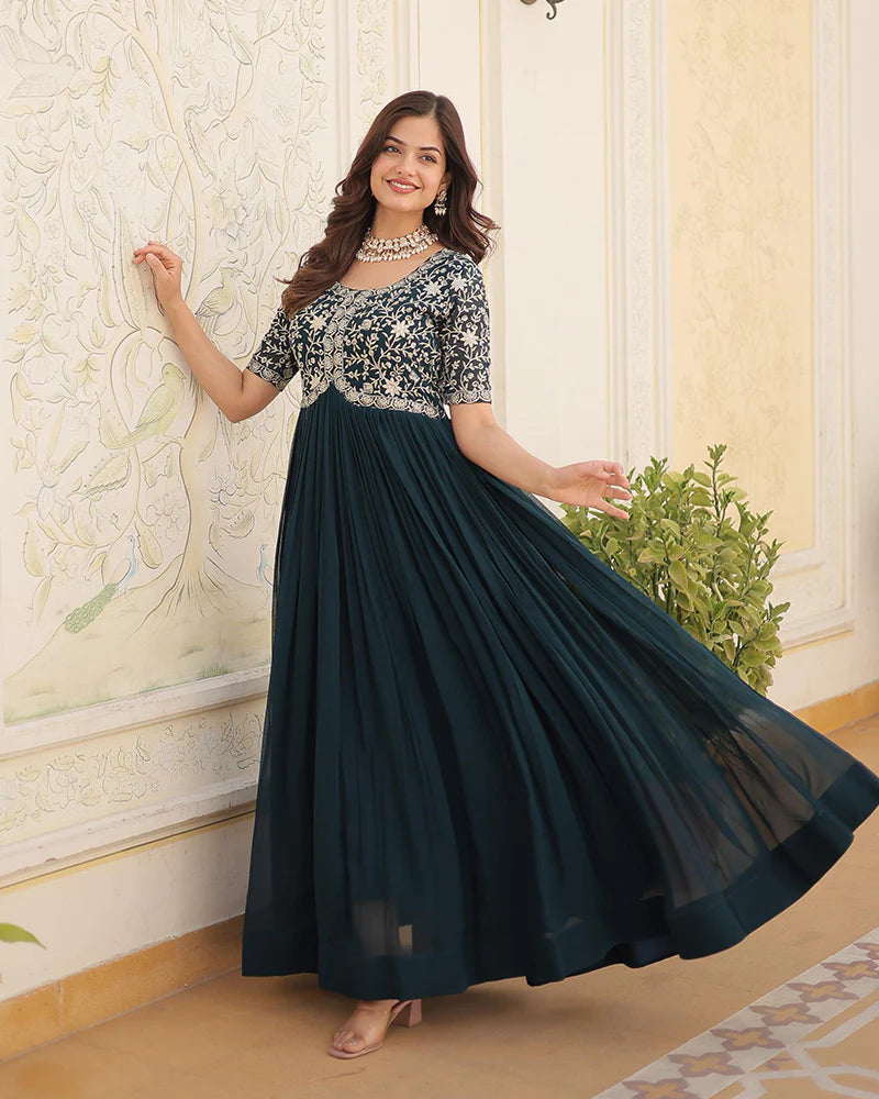Womenline Rama Color Faux Blooming Zari sequence Embroidered Gown