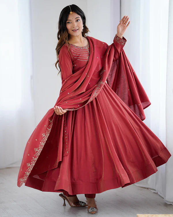 Womenline Maroon Color Roman Shimmer Chanderi Silk Three Piece Anarkali Suit