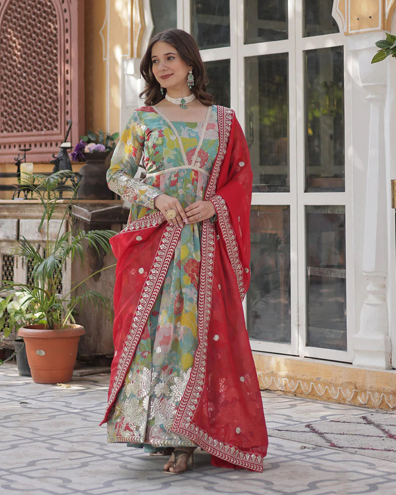 Womenline Lime Green Color Alia Cut Embroidered Gown With Dupatta