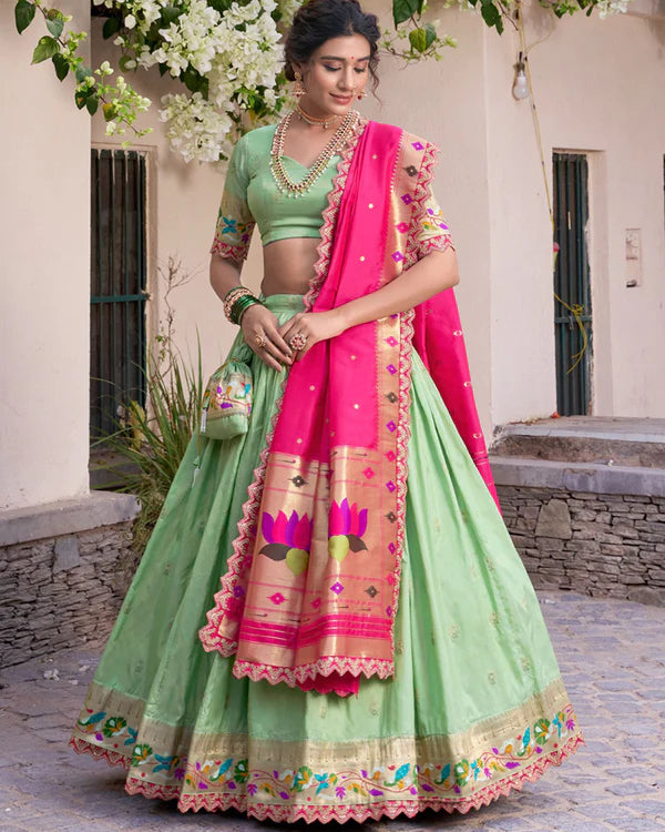 Womenline Pista Color Jacquard Silk Half Saree