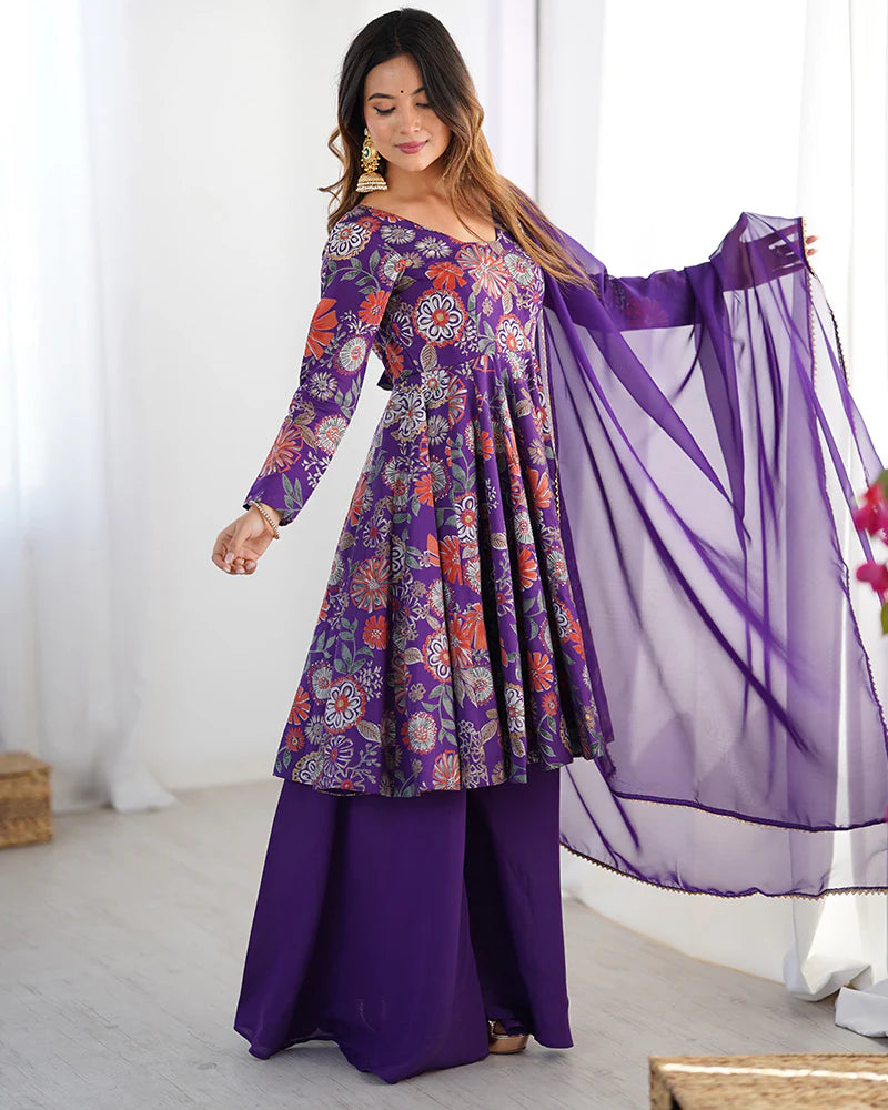 Womenline Purple Color Roman Silk Discharge Printed Plazzo Suit