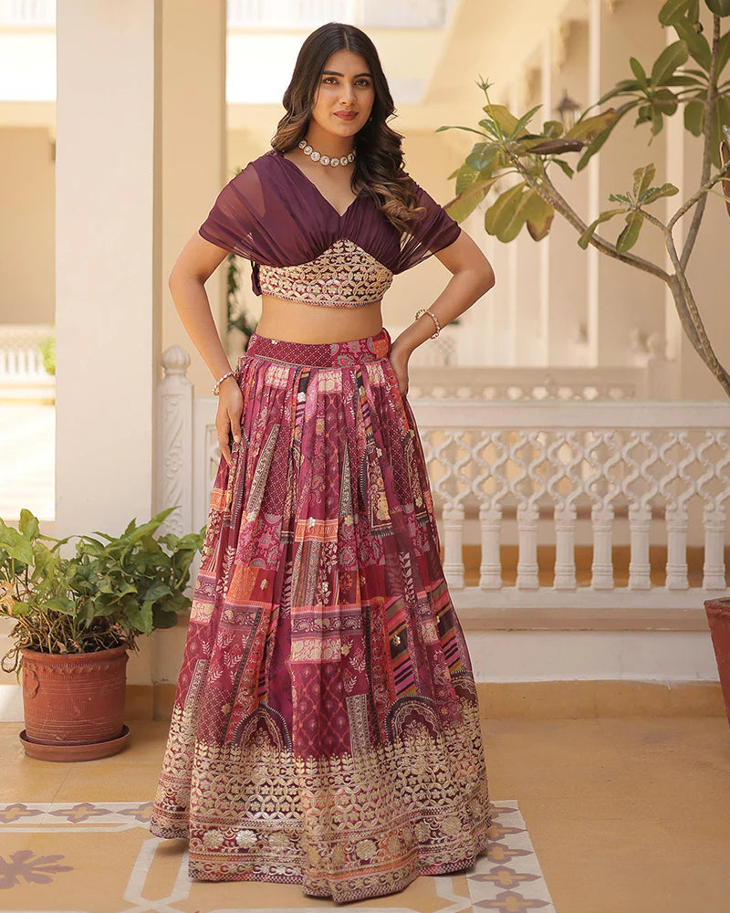 Womenline Wine Color Designer Russian Silk Embroidery Crop Top Lehenga Choli