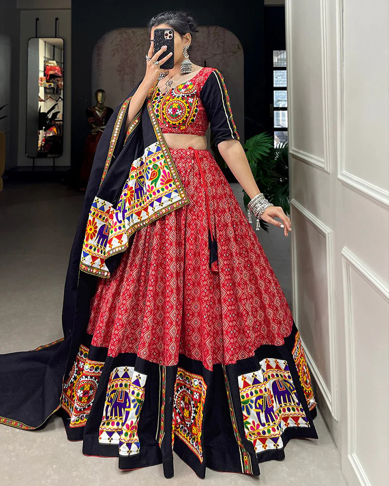 Womenline Red Color Cotton Gamthi Work Navratri Lehenga Choli