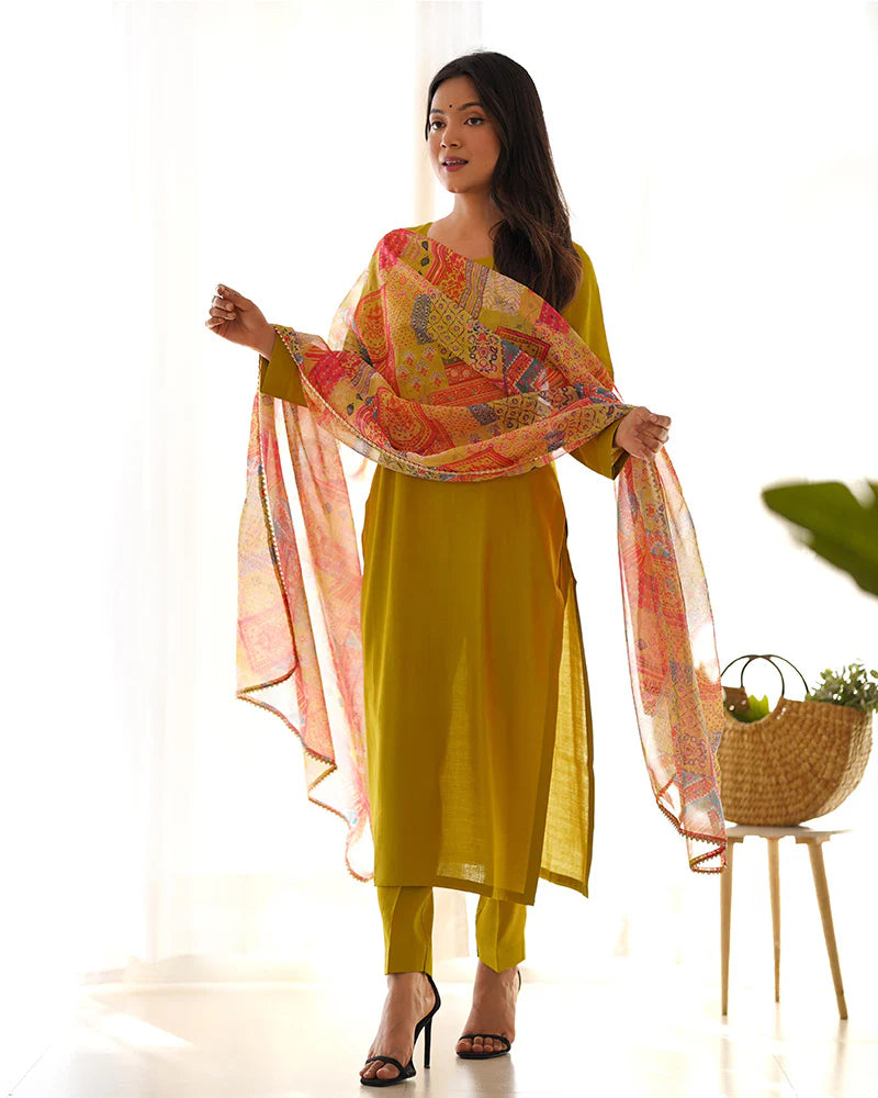 Womenline Yellow Color Viscose Ready To wear Three Piece Kurti Suit