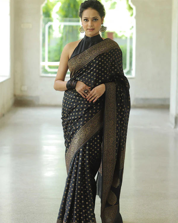 Womenline Black Color Banarasi Jacquard Soft Silk Saree