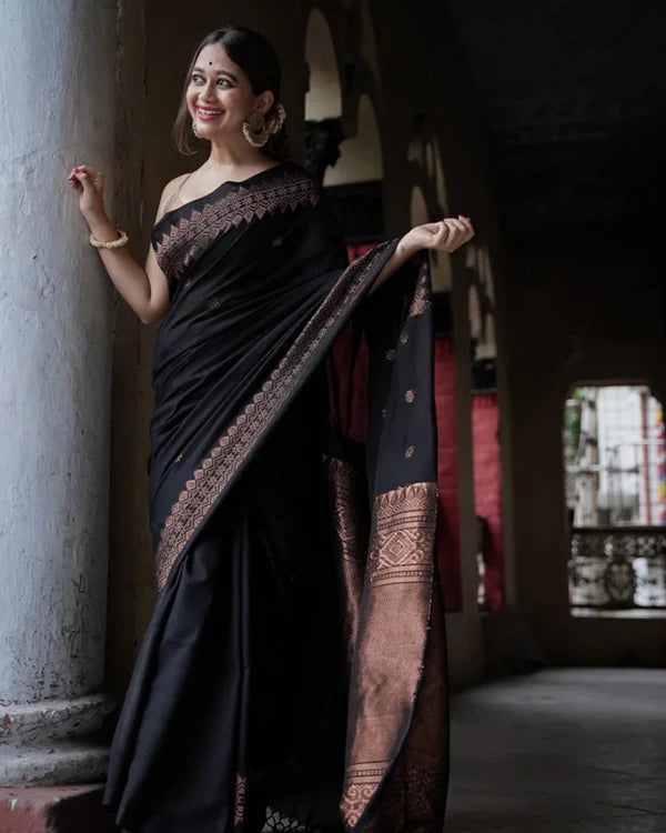 Womenline Black Color Banarasi Jacquard Soft Silk Saree