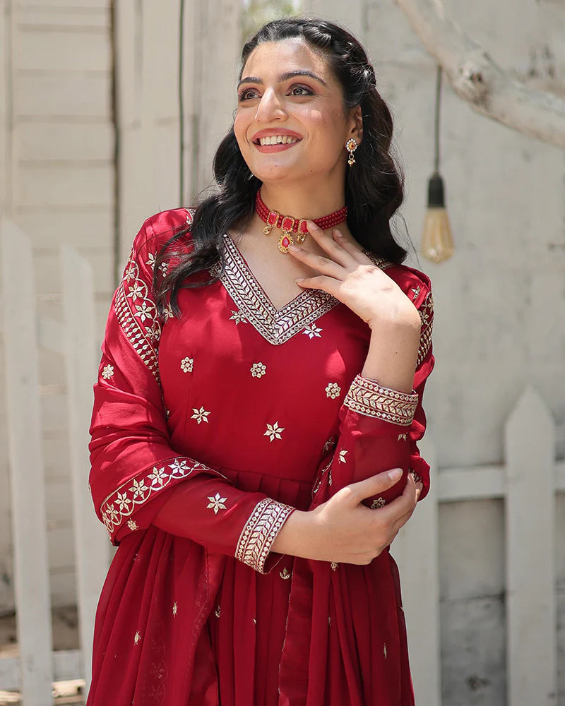 Womenline Designer Maroon Color Faux Blooming Embroidered Gown
