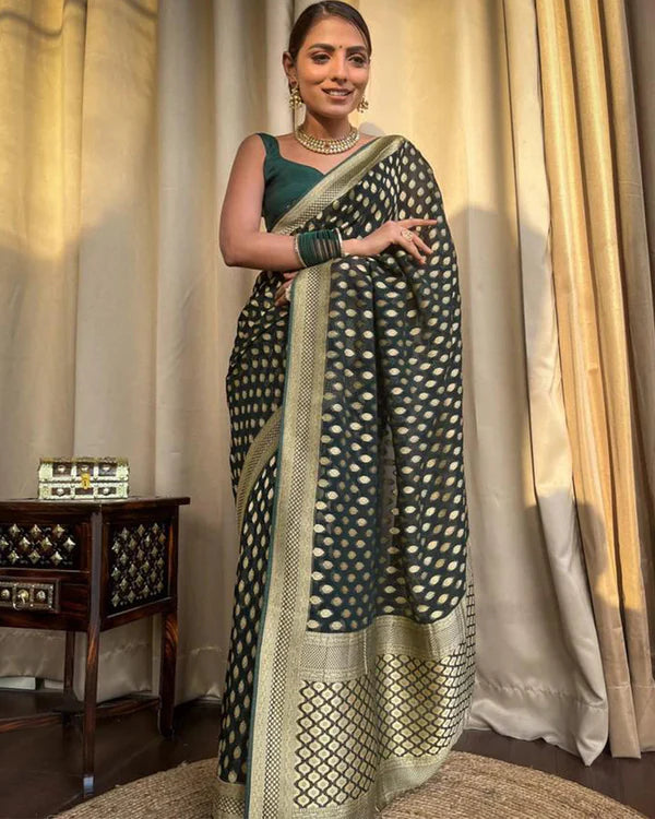 Womenline Beautiful Green Color Banarasi Jacquard Weaving Saree