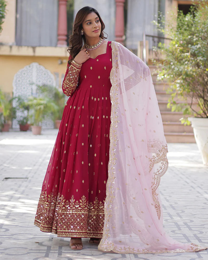 Womenline Royal Rani Color Faux Blooming Zari Embroidered Work Gown