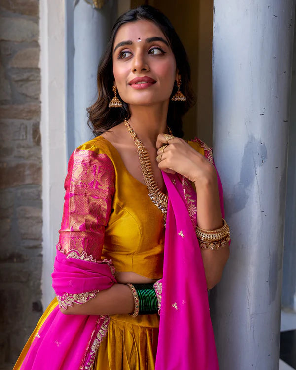 Womenline Mustard Color Narayan Pattu Silk Designer Half Saree
