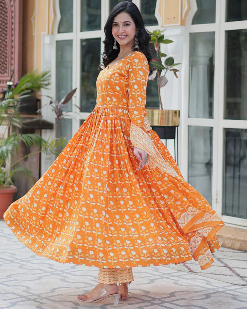 Womenline Orange Color Printed Pure Cotton Three Piece Kurti Suit