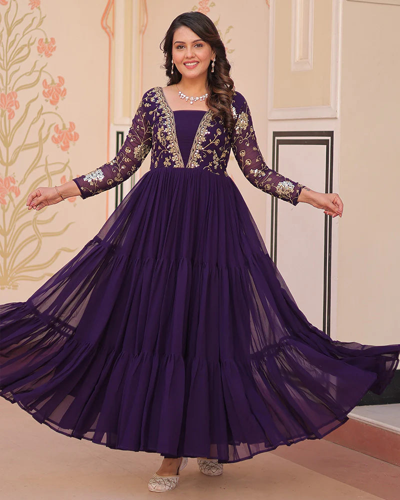 Womenline Elegant Purple Floor-Length Gown With Golden Threadwork