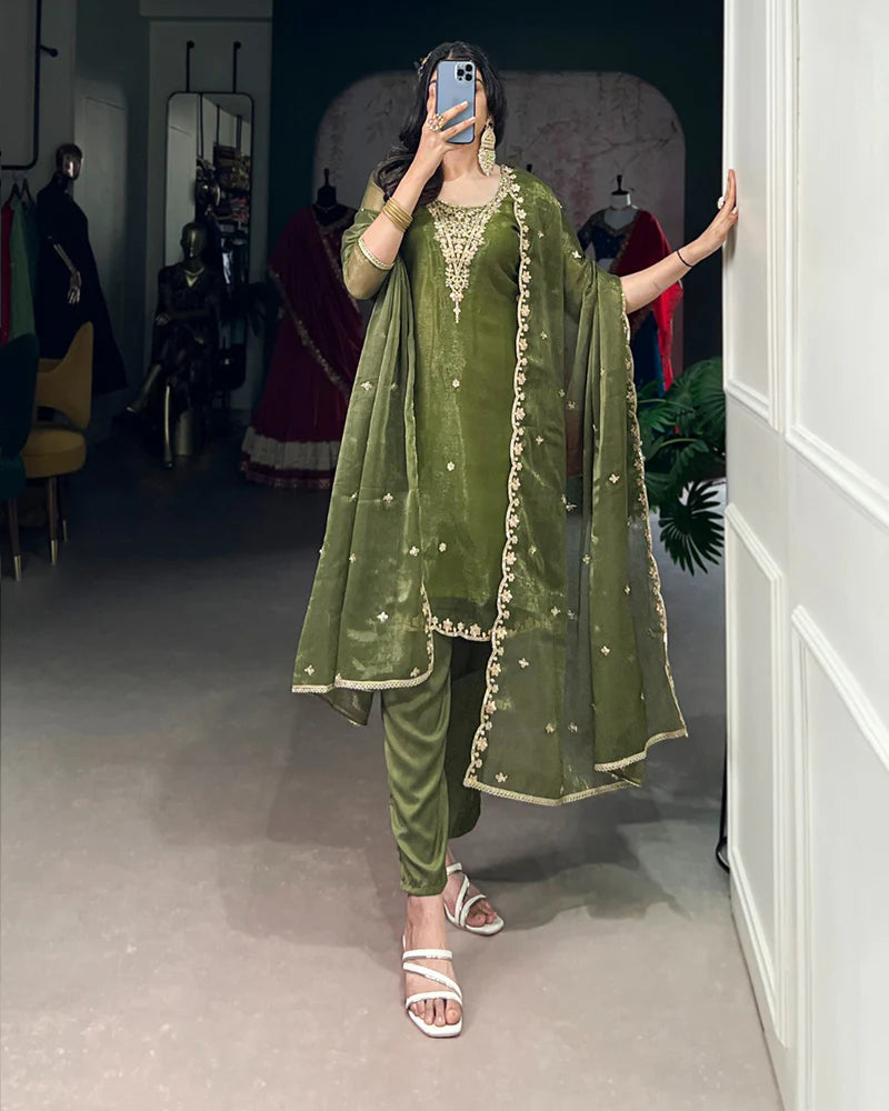 Womenline Olive Green Color Gold Coin Three Piece Kurti Suit