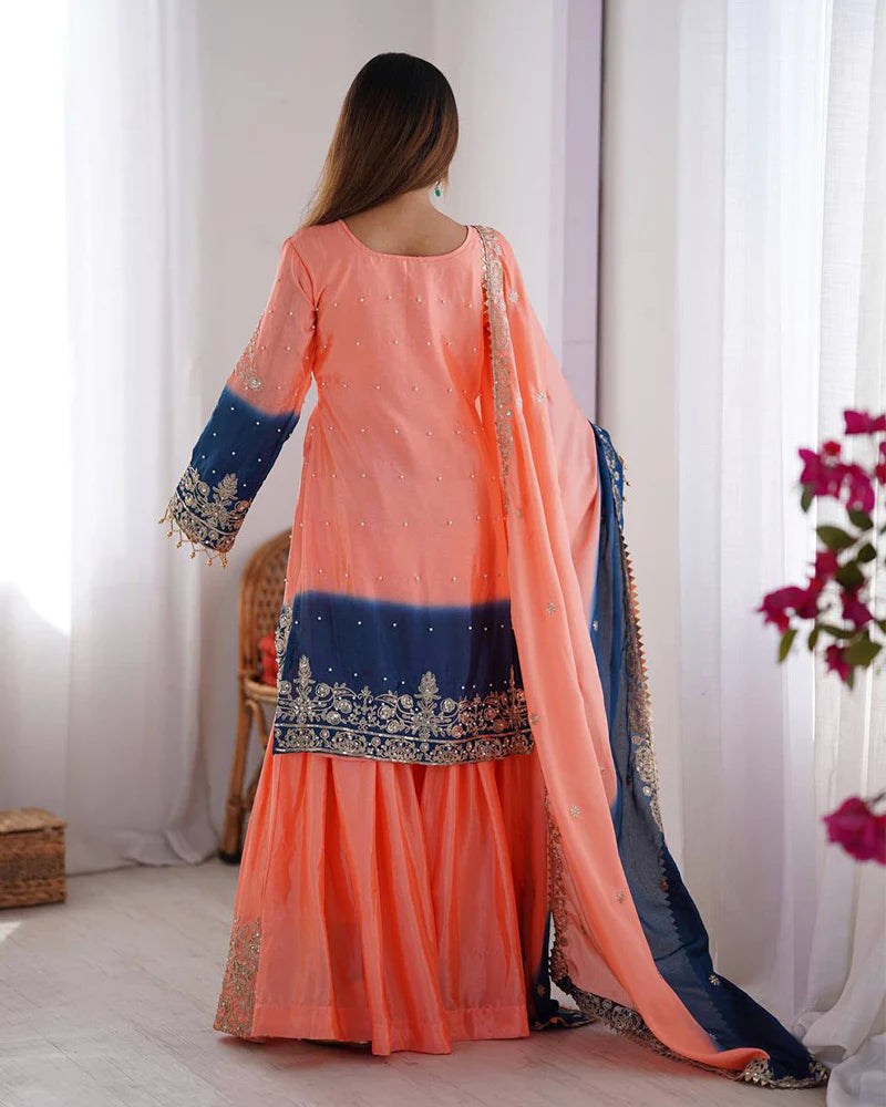 Womenline Peach Color Chinnon Sequence Work Plazzo Suit
