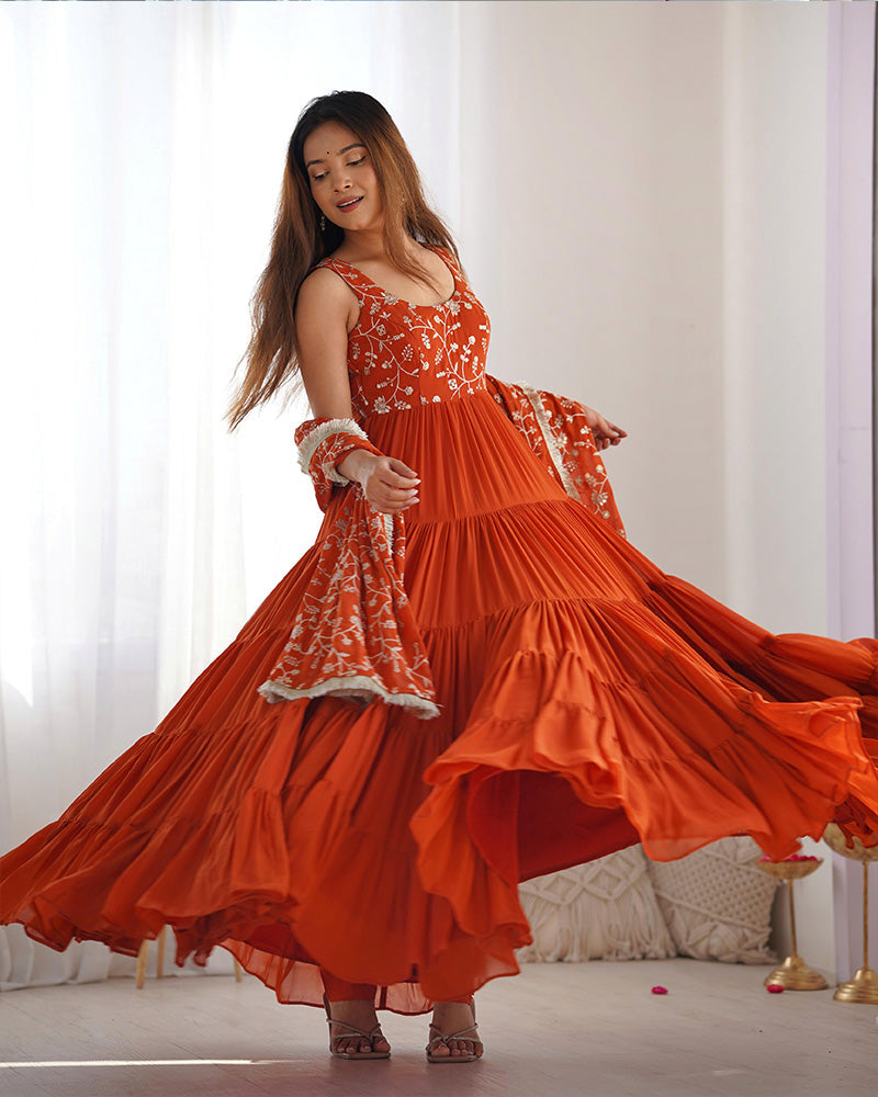 Womenline Orange Color Georgette Five Layer Ruffle Style Anarkali Suit