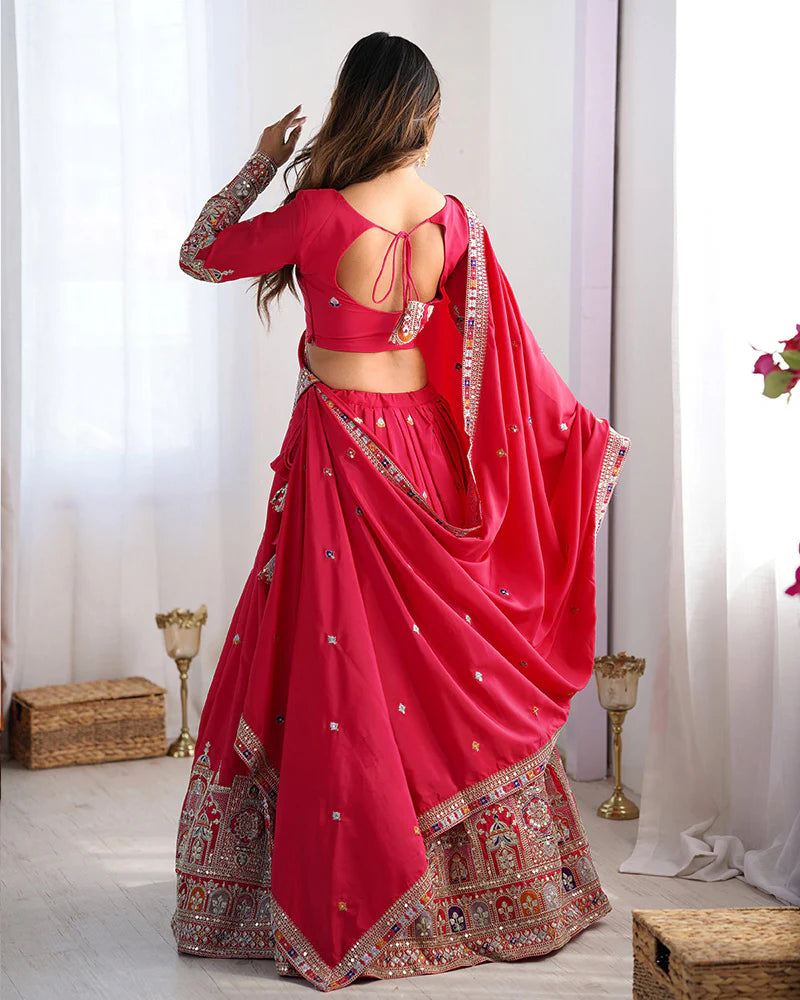 Womenline Tomato Color Natural Crepe silk Lehenga Choli