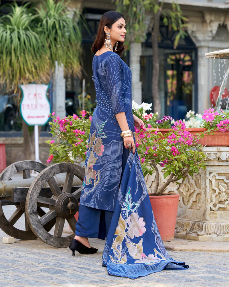 Womenline Navy Blue Color Roman Silk Three Piece Kurti Suit