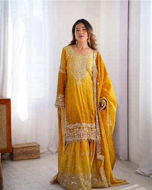 Womenline Yellow Color Chinnon Sequence Work Plazzo Suit