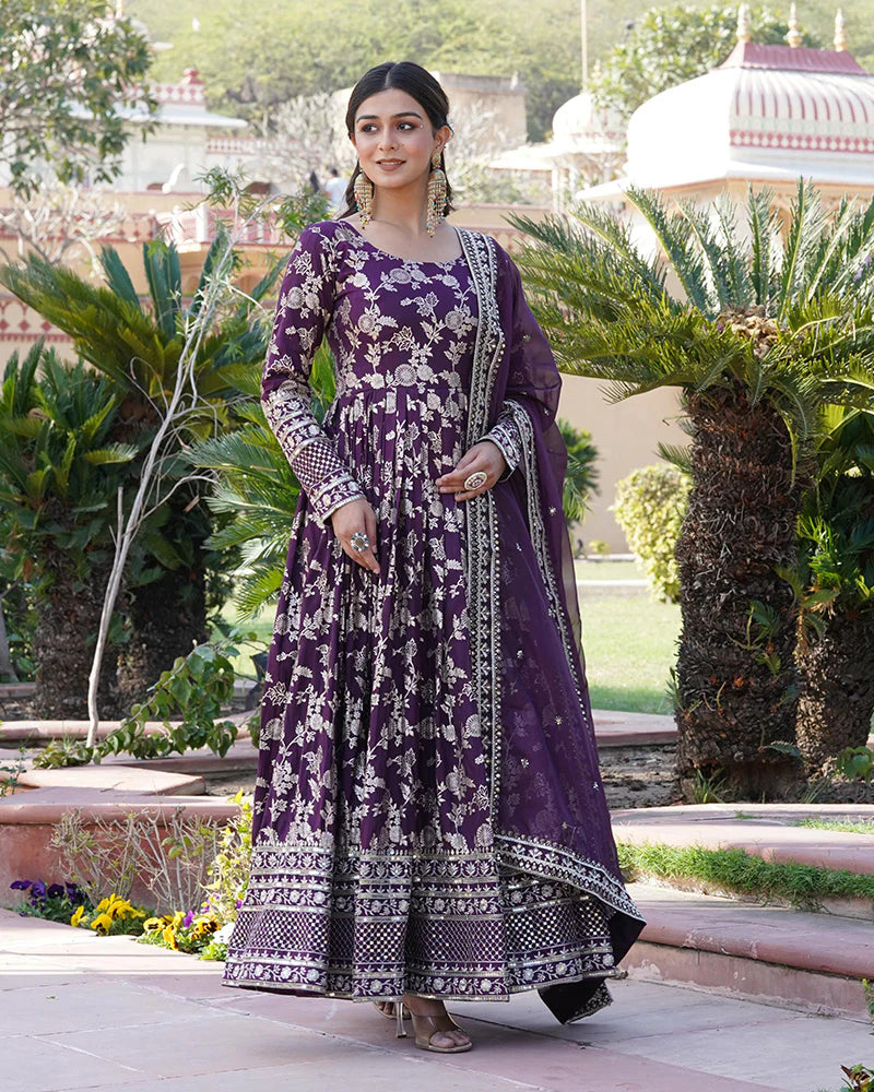 Womenline Designer Wine Color Sequence embroidered Viscose Jacquard Gown With Dupatta