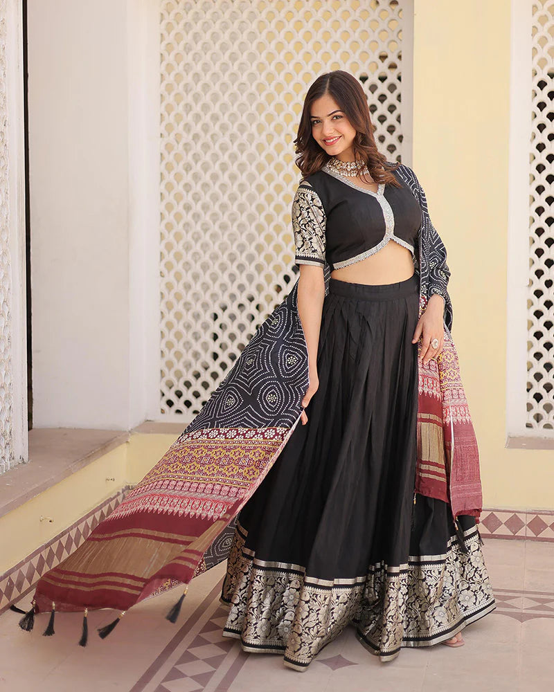 Womenline Black Color Jacquard Lehenga Choli With Gaji Silk Dupatta