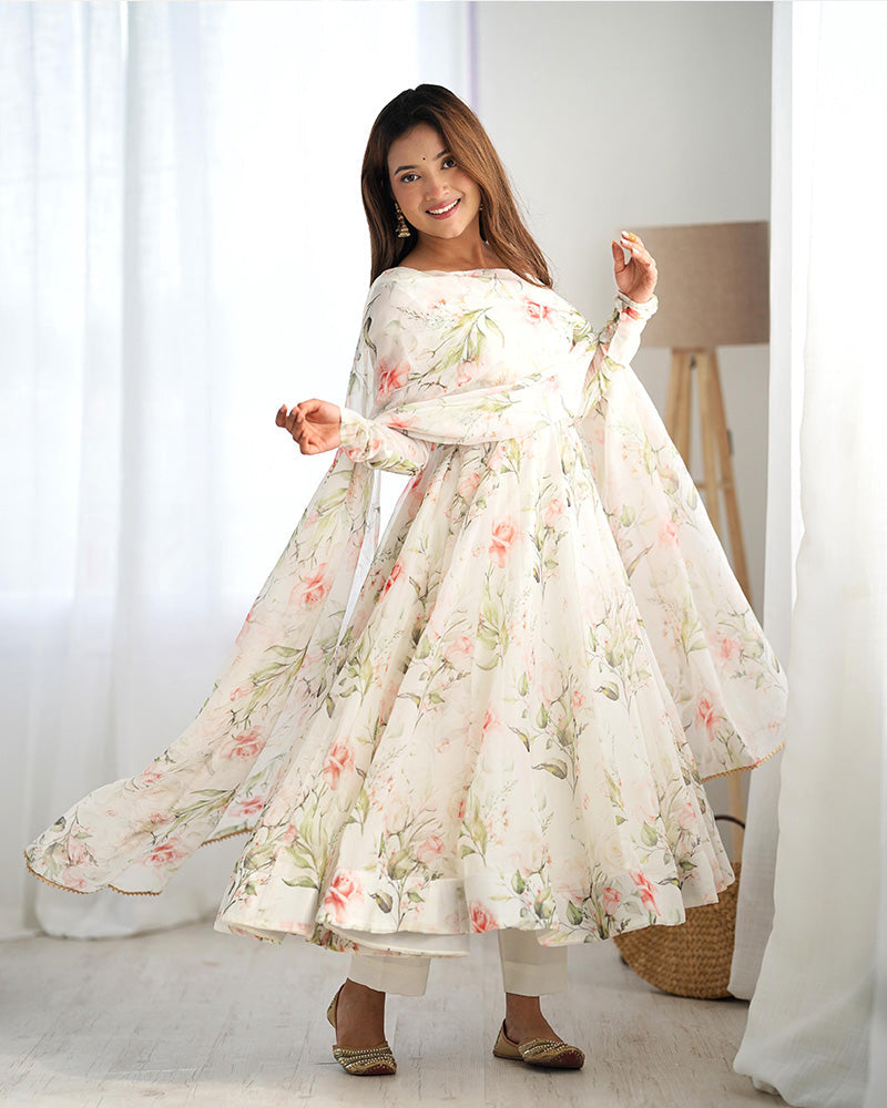 Womenline White Color Pure Soft Organza Three Piece Anarkali Suit