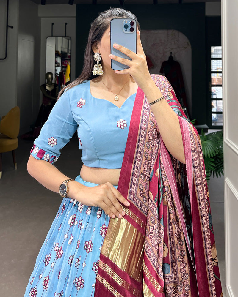 Womenline Sky Blue Color Georgette Designing Lehenga Choli