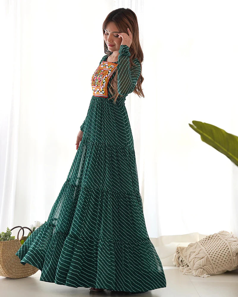 Womenline Green Color Georgette Laheriya Print Navratri Gown