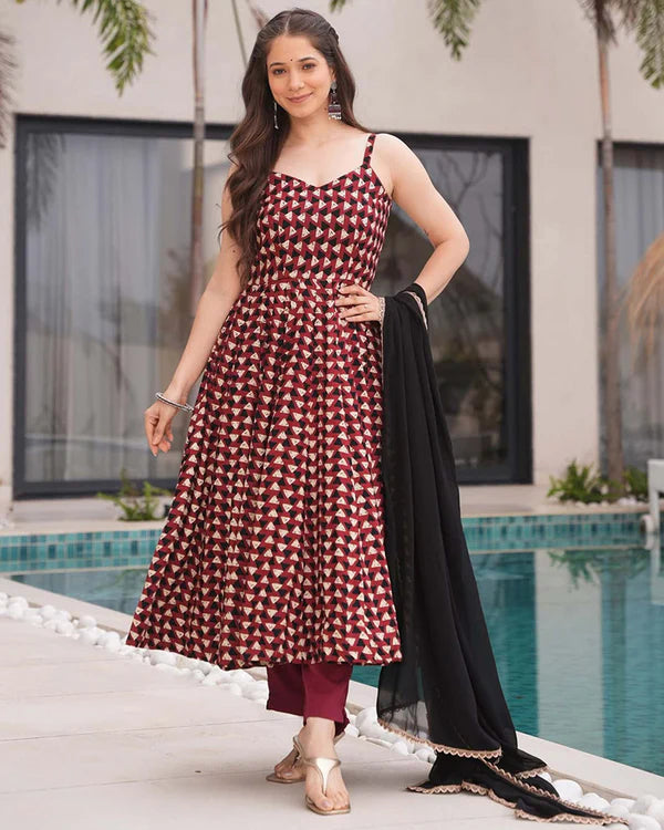 Womenline Red Color Triangle Printed Pure Cotton Anarkali Suit
