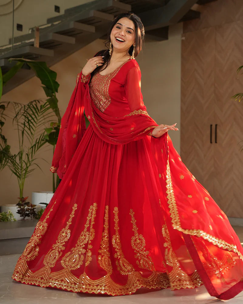 Womenline Red Color Faux Blooming Embroidered Gown