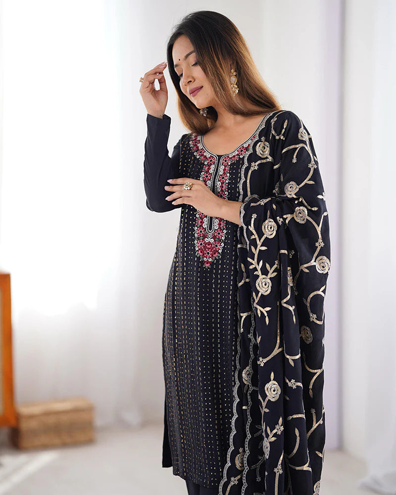 Womenline Black Color Chinon Silk Three Piece Kurti Suit