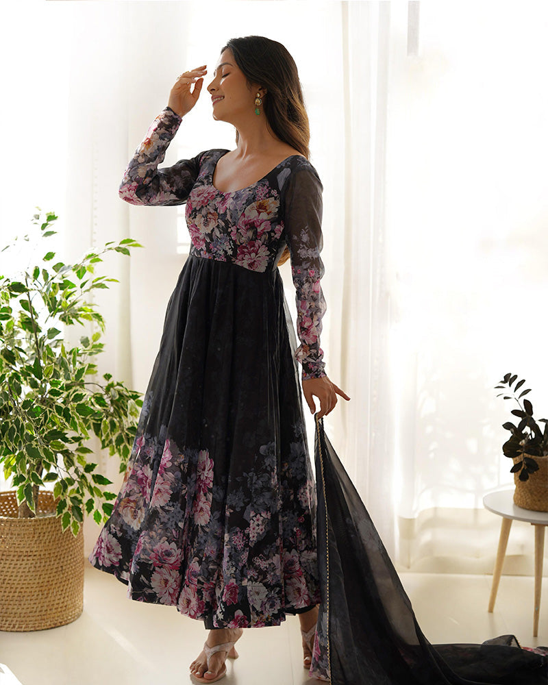 Womenline Black Color Floral Print Organza Three Piece Anarkali Suit