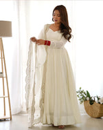 Womenline Beautiful White Color Pure Chanderi Silk Three Piece Anarkali Suit