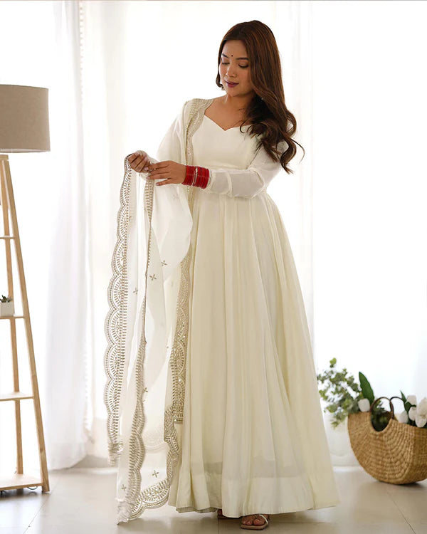 Womenline Beautiful White Color Pure Chanderi Silk Three Piece Anarkali Suit