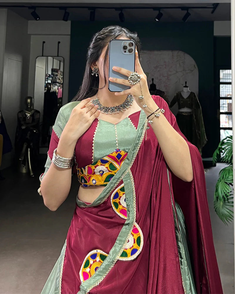 Womenline Graceful Green And Maroon Silk Crape Lehenga Choli With Elegant Dupatta
