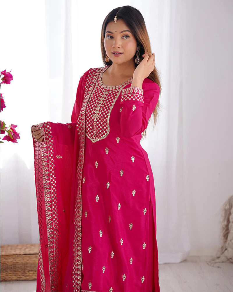 Womenline Rani Pink Color Chinon Silk Three Piece Kurti Suit