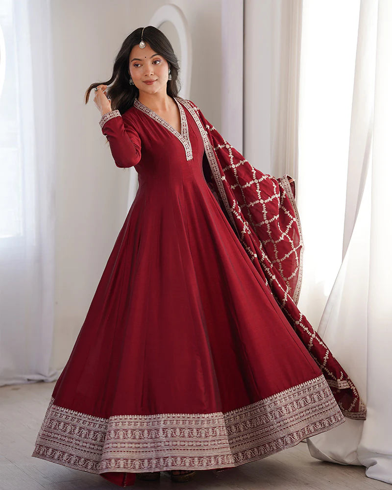 Womenline Maroon Color Vichitra Silk Embroidered Gown