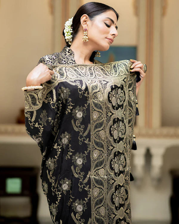 Womenline Black Color Banarasi Jacquard Zari Weaving Saree