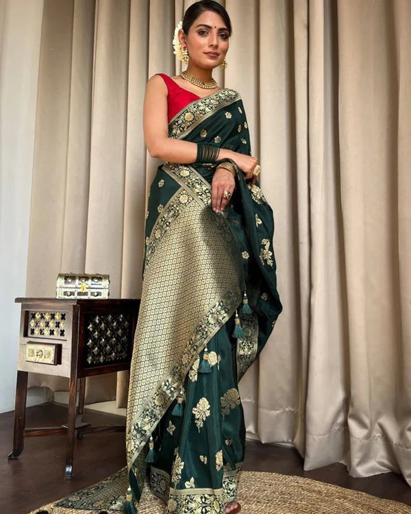 Womenline Dark Green Color Big Flower Design Banarasi Soft Silk Saree