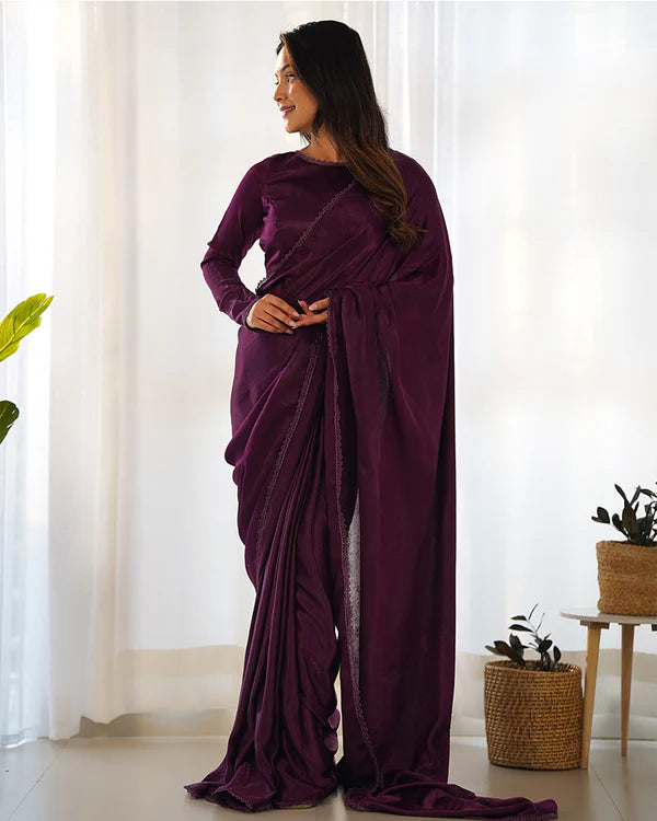 Womenline Wine Color Marble Velvet Saree