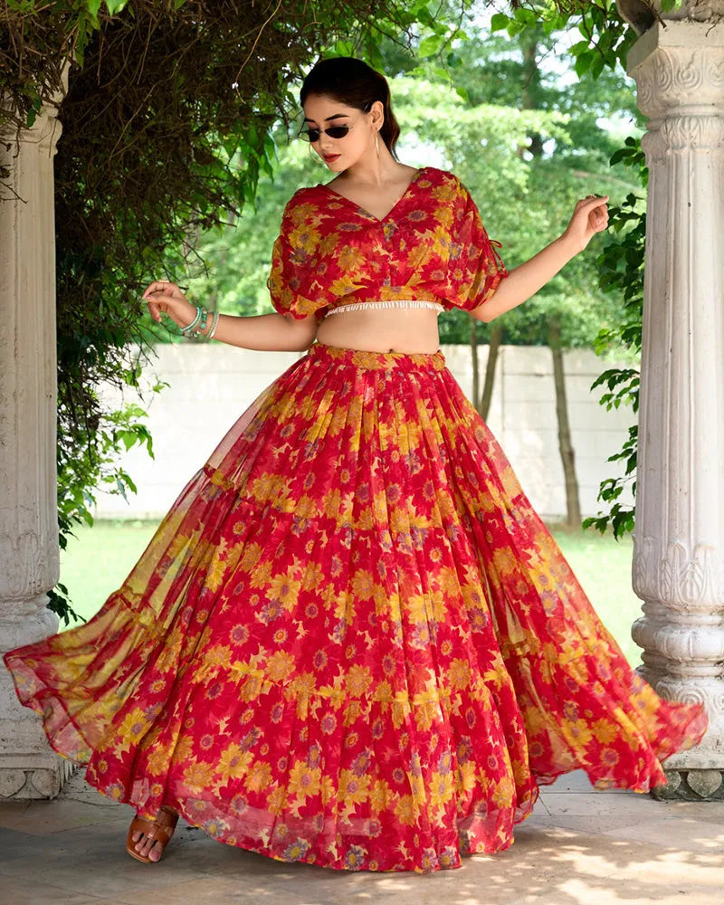 Womenline Red Color Chiffon Printed Crop Top Lehenga Choli